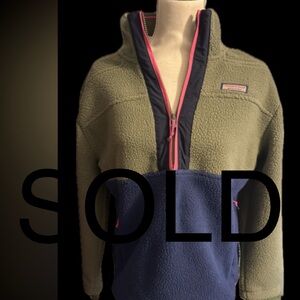 Vineyard Vines Women’s M Olive, Navy, Pink Fleece Jacket with 1/4 Zip Pullover